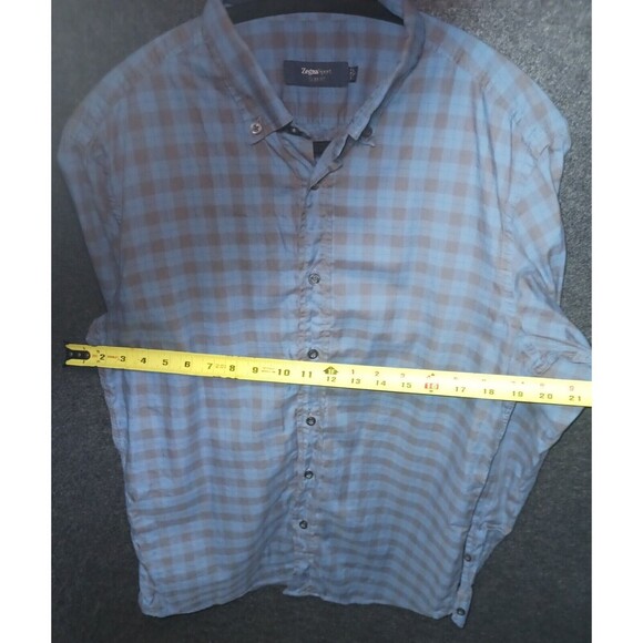 Zegna‎ Sport Mens Large Blue Grey Check Slim Fit Button Down Long Sleeve Cotton - Picture 6 of 8